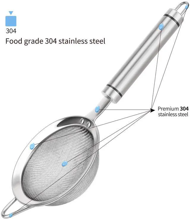 Alt view image 2 of 6 - AOWOTO 3.35inch 304 Stainless Steel Fine Mesh Strainers for Kitchen, Colander-Skimmer with Handle, Metal Sieve Sifters for Food, Rice, Oil, Noodles, Fruits, Vegetable, Tea Strainer