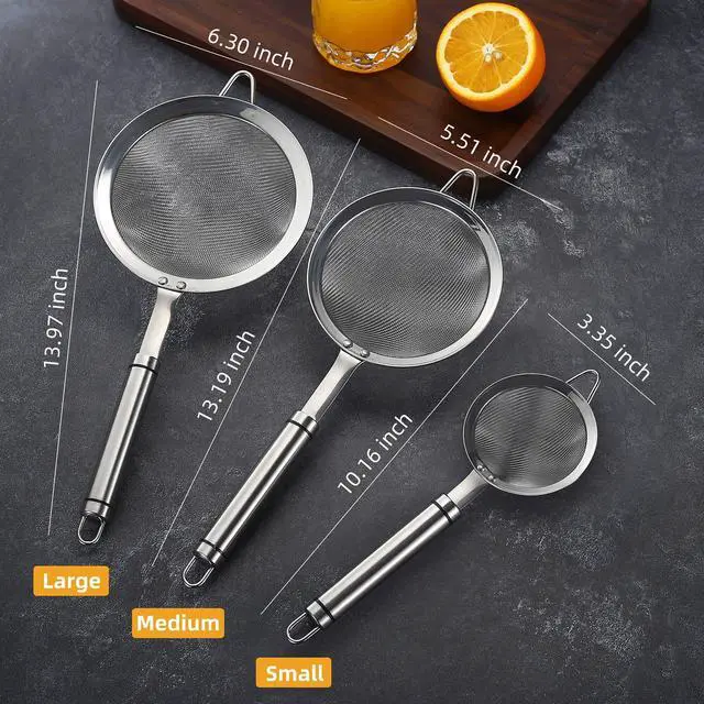 Alt view image 6 of 6 - AOWOTO 3.35inch 304 Stainless Steel Fine Mesh Strainers for Kitchen, Colander-Skimmer with Handle, Metal Sieve Sifters for Food, Rice, Oil, Noodles, Fruits, Vegetable, Tea Strainer