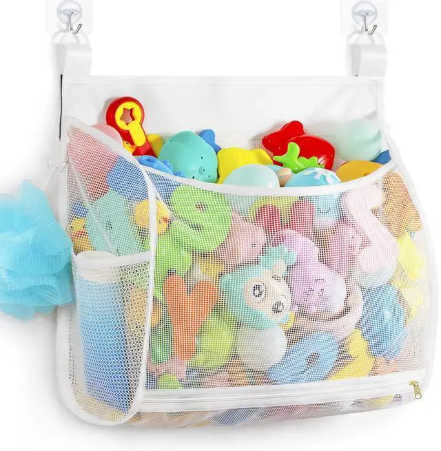 Main image of Ligereza Baby Mesh Bath Toy Organizer, Multiple Ways to Hang, Ultra Large Capacity & Large Opening, Bathroom Toy Holder, Bath Toy Storage Bag With 2 Side Pockets (White)