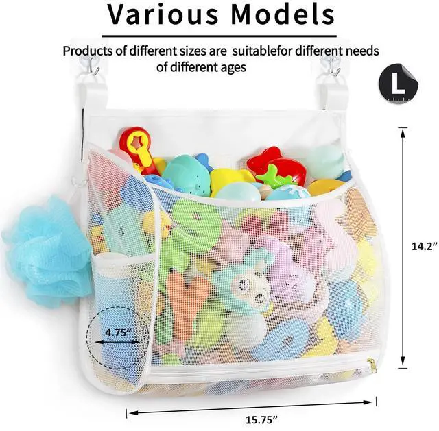 Alt view image 2 of 7 - Ligereza Baby Mesh Bath Toy Organizer, Multiple Ways to Hang, Ultra Large Capacity & Large Opening, Bathroom Toy Holder, Bath Toy Storage Bag With 2 Side Pockets (White)