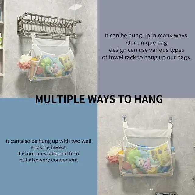 Alt view image 3 of 7 - Ligereza Baby Mesh Bath Toy Organizer, Multiple Ways to Hang, Ultra Large Capacity & Large Opening, Bathroom Toy Holder, Bath Toy Storage Bag With 2 Side Pockets (White)