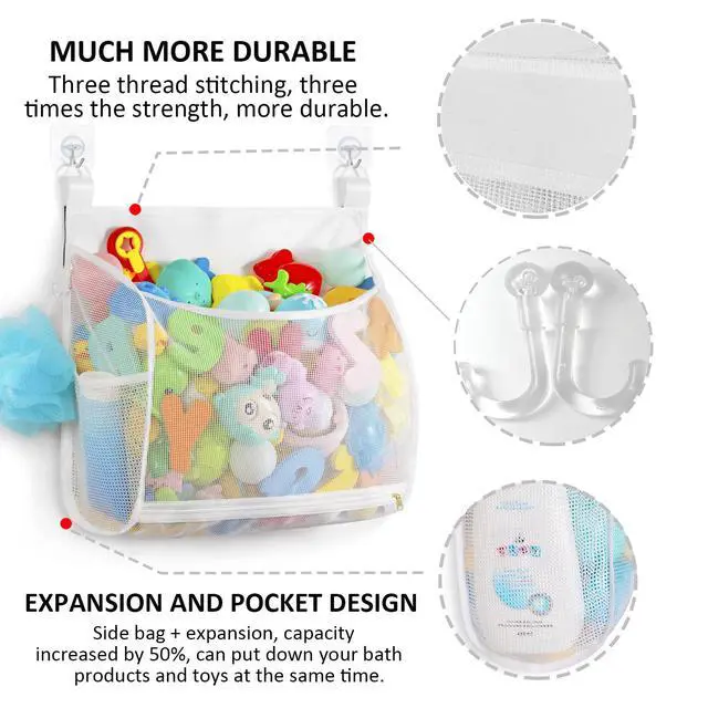 Alt view image 4 of 7 - Ligereza Baby Mesh Bath Toy Organizer, Multiple Ways to Hang, Ultra Large Capacity & Large Opening, Bathroom Toy Holder, Bath Toy Storage Bag With 2 Side Pockets (White)
