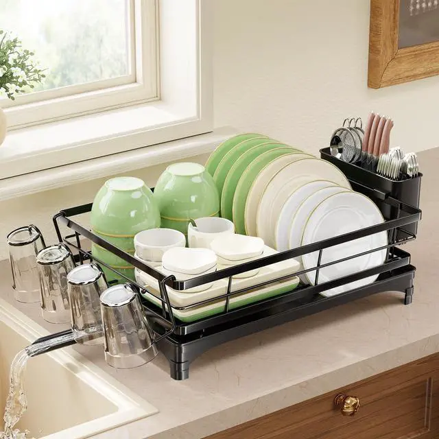 Main image of Dish Drying Rack for Kitchen Counter, Stainless Steel Dish Rack, Large Dish Drainer Organizer with Cutlery Holder & Cup Holders, Black