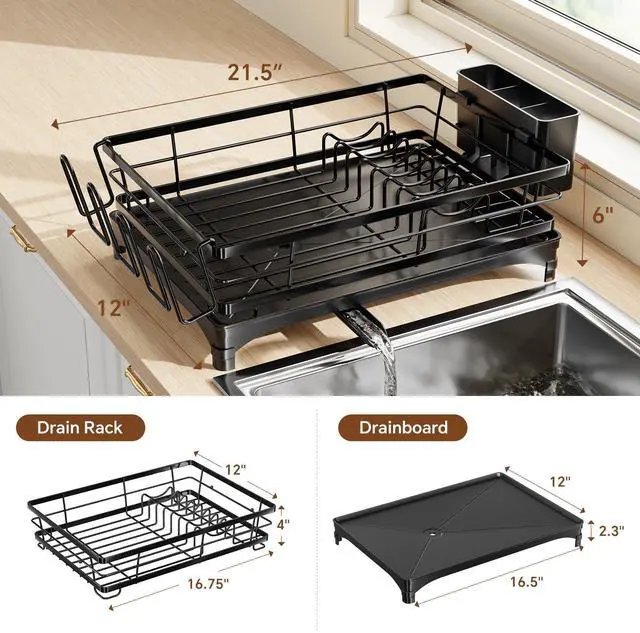 Alt view image 2 of 7 - Dish Drying Rack for Kitchen Counter, Stainless Steel Dish Rack, Large Dish Drainer Organizer with Cutlery Holder & Cup Holders, Black