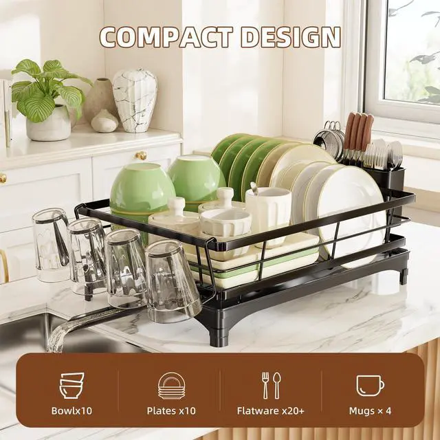 Alt view image 3 of 7 - Dish Drying Rack for Kitchen Counter, Stainless Steel Dish Rack, Large Dish Drainer Organizer with Cutlery Holder & Cup Holders, Black