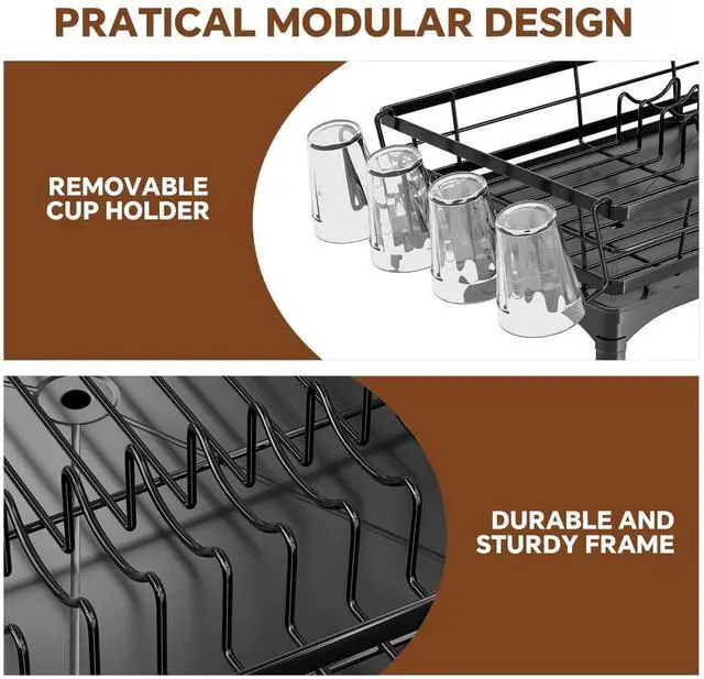 Alt view image 4 of 7 - Dish Drying Rack for Kitchen Counter, Stainless Steel Dish Rack, Large Dish Drainer Organizer with Cutlery Holder & Cup Holders, Black