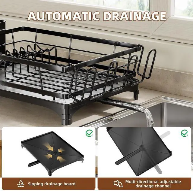 Alt view image 5 of 7 - Dish Drying Rack for Kitchen Counter, Stainless Steel Dish Rack, Large Dish Drainer Organizer with Cutlery Holder & Cup Holders, Black