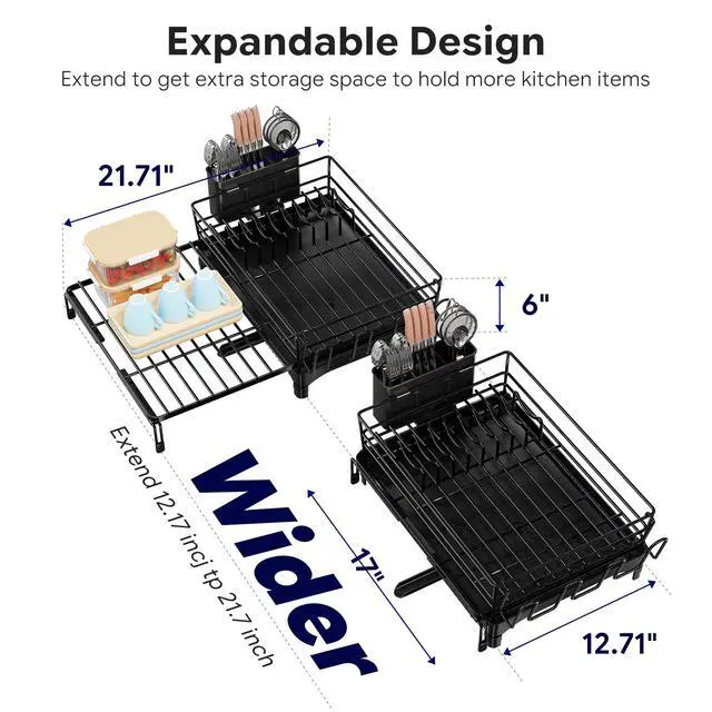 Alt view image 2 of 7 - Dish Drying Rack - Expandable Dish Rack for Kitchen Counter, Large Capacity Dish Drainer, Stainless Steel Dish Strainer with Utensil & Cup Holders, Black
