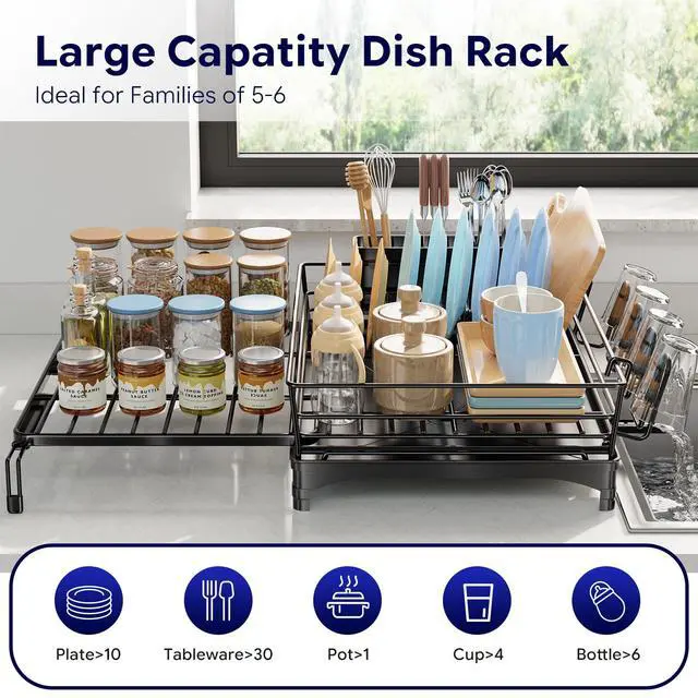 Alt view image 3 of 7 - Dish Drying Rack - Expandable Dish Rack for Kitchen Counter, Large Capacity Dish Drainer, Stainless Steel Dish Strainer with Utensil & Cup Holders, Black