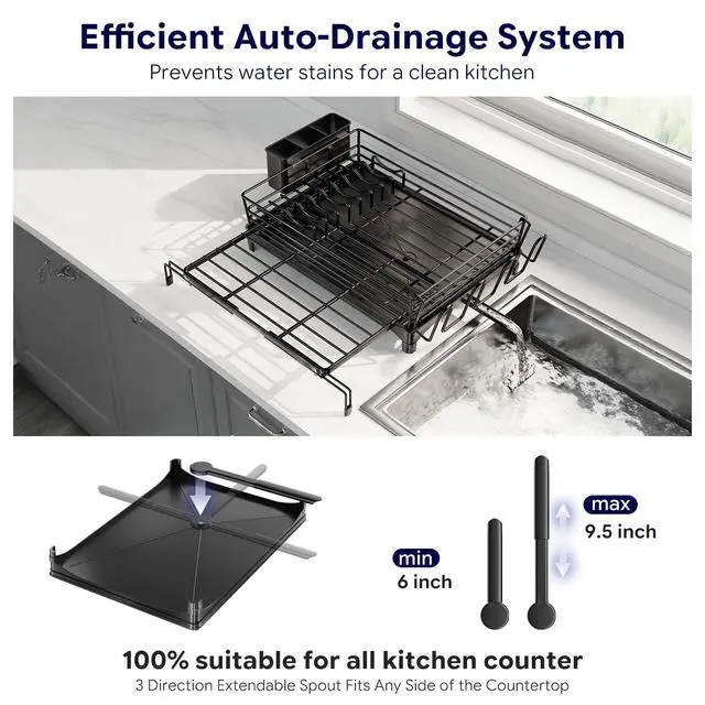 Alt view image 5 of 7 - Dish Drying Rack - Expandable Dish Rack for Kitchen Counter, Large Capacity Dish Drainer, Stainless Steel Dish Strainer with Utensil & Cup Holders, Black