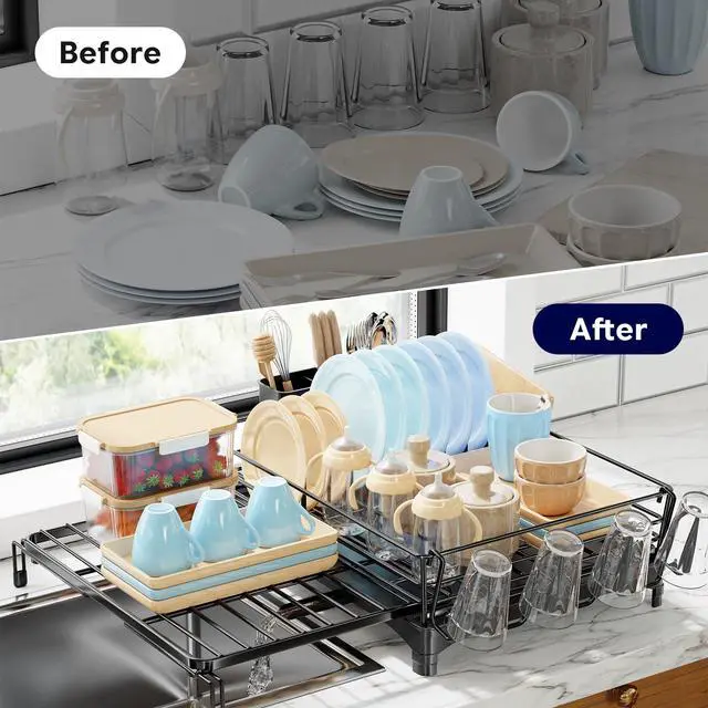 Alt view image 7 of 7 - Dish Drying Rack - Expandable Dish Rack for Kitchen Counter, Large Capacity Dish Drainer, Stainless Steel Dish Strainer with Utensil & Cup Holders, Black