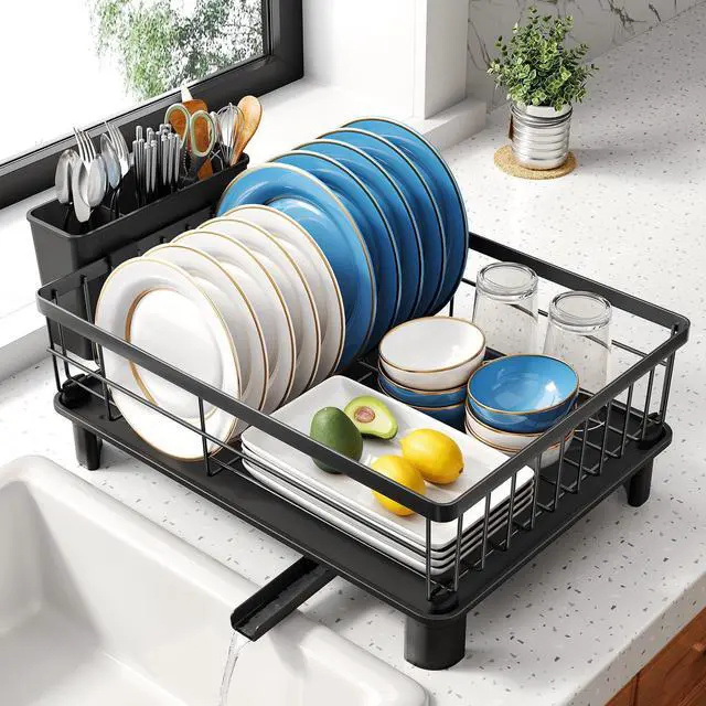 Main image of Dish Drying Rack - Space-Saving Dish Rack for Kitchen Counter, Stainless Steel Dish Drainer with Utensil Holder and Drainboard, 11" W x 15" L (Black)