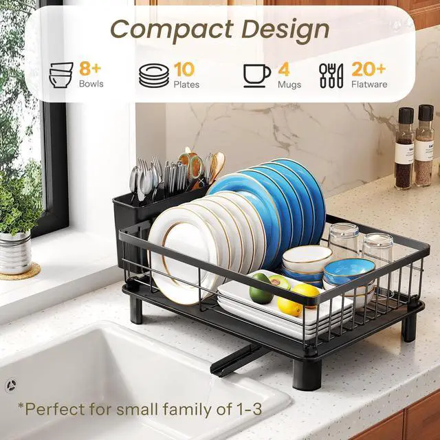 Alt view image 3 of 7 - Dish Drying Rack - Space-Saving Dish Rack for Kitchen Counter, Stainless Steel Dish Drainer with Utensil Holder and Drainboard, 11" W x 15" L (Black)