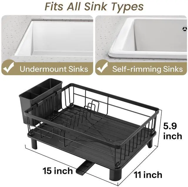 Alt view image 2 of 7 - Dish Drying Rack - Space-Saving Dish Rack for Kitchen Counter, Stainless Steel Dish Drainer with Utensil Holder and Drainboard, 11" W x 15" L (Black)