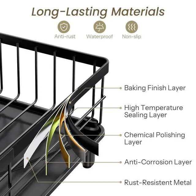 Alt view image 6 of 7 - Dish Drying Rack - Space-Saving Dish Rack for Kitchen Counter, Stainless Steel Dish Drainer with Utensil Holder and Drainboard, 11" W x 15" L (Black)