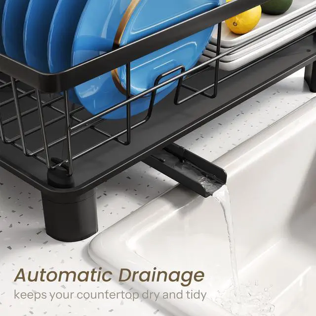 Alt view image 4 of 7 - Dish Drying Rack - Space-Saving Dish Rack for Kitchen Counter, Stainless Steel Dish Drainer with Utensil Holder and Drainboard, 11" W x 15" L (Black)