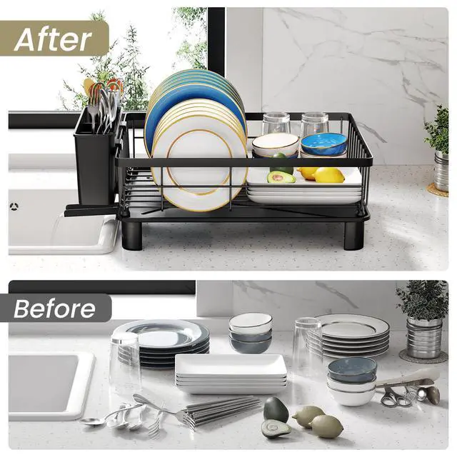 Alt view image 5 of 7 - Dish Drying Rack - Space-Saving Dish Rack for Kitchen Counter, Stainless Steel Dish Drainer with Utensil Holder and Drainboard, 11" W x 15" L (Black)