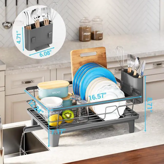 Alt view image 2 of 7 - Dish Drying Rack for Kitchen Counter, Sink Dish Rack with Drainboard 12.2" W x 16.5" L, Large Dish Drainer with Cutlery Holder, Home Countertop Plate Dryer Storage Rack, Gray