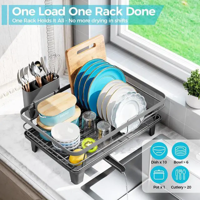 Alt view image 3 of 7 - Dish Drying Rack for Kitchen Counter, Sink Dish Rack with Drainboard 12.2" W x 16.5" L, Large Dish Drainer with Cutlery Holder, Home Countertop Plate Dryer Storage Rack, Gray