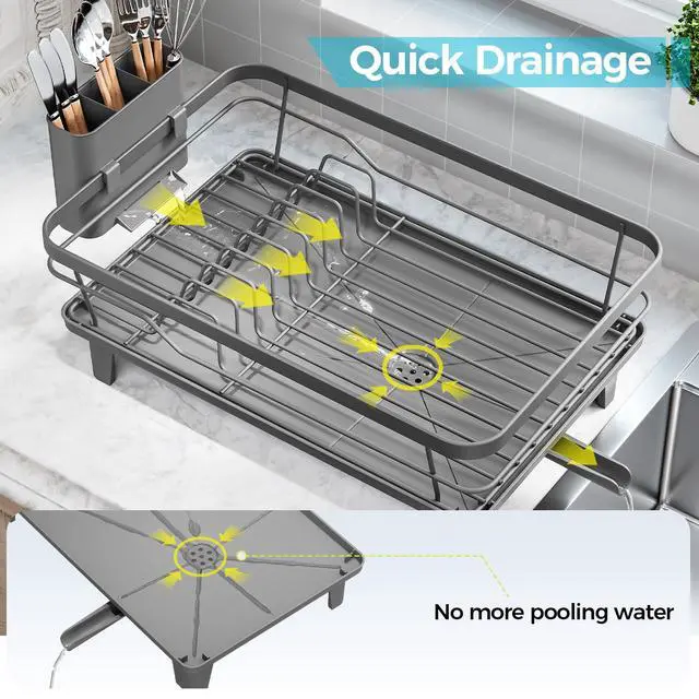 Alt view image 5 of 7 - Dish Drying Rack for Kitchen Counter, Sink Dish Rack with Drainboard 12.2" W x 16.5" L, Large Dish Drainer with Cutlery Holder, Home Countertop Plate Dryer Storage Rack, Gray