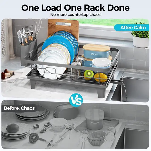 Alt view image 4 of 7 - Dish Drying Rack for Kitchen Counter, Sink Dish Rack with Drainboard 12.2" W x 16.5" L, Large Dish Drainer with Cutlery Holder, Home Countertop Plate Dryer Storage Rack, Gray