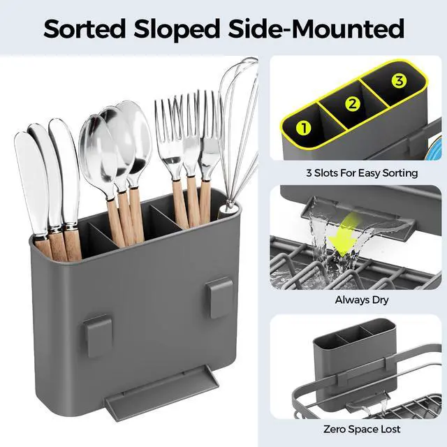 Alt view image 7 of 7 - Dish Drying Rack for Kitchen Counter, Sink Dish Rack with Drainboard 12.2" W x 16.5" L, Large Dish Drainer with Cutlery Holder, Home Countertop Plate Dryer Storage Rack, Gray