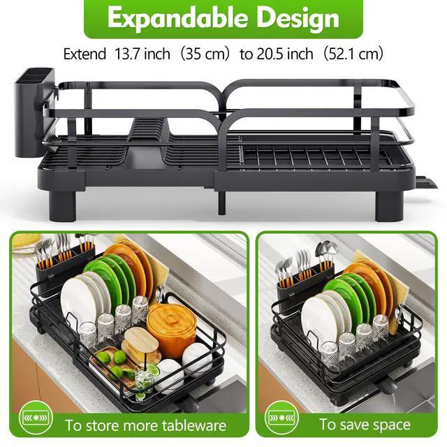 Alt view image 2 of 7 - Dish Drying Rack, Expandable Dish Racks for Kitchen Counter, Stainless Steel Dish Drainer with Drainboard Set & Cutlery Holder, Rust-Proof, 13.7-20.5L x 12.8W, Black