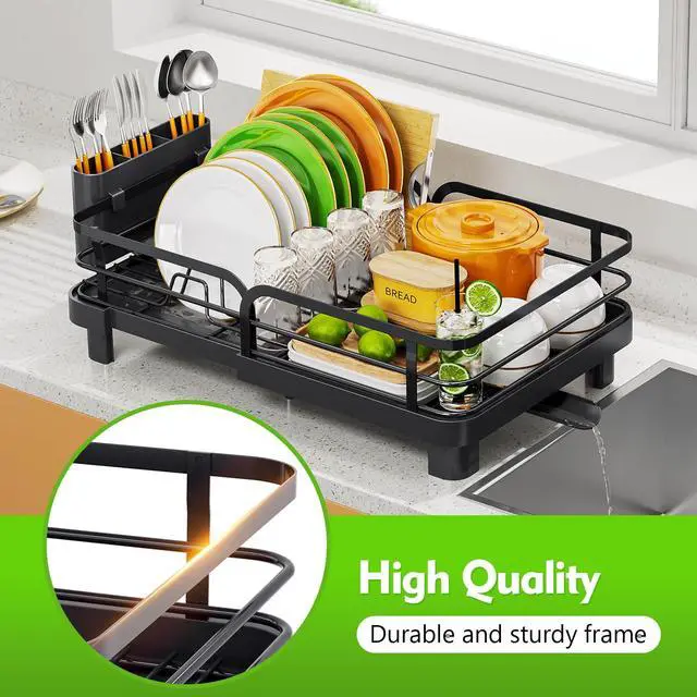 Alt view image 5 of 7 - Dish Drying Rack, Expandable Dish Racks for Kitchen Counter, Stainless Steel Dish Drainer with Drainboard Set & Cutlery Holder, Rust-Proof, 13.7-20.5L x 12.8W, Black