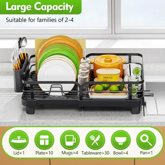 Alt view image 6 of 7 - Dish Drying Rack, Expandable Dish Racks for Kitchen Counter, Stainless Steel Dish Drainer with Drainboard Set & Cutlery Holder, Rust-Proof, 13.7-20.5L x 12.8W, Black