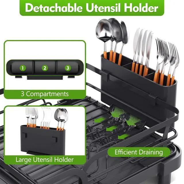 Alt view image 7 of 7 - Dish Drying Rack, Expandable Dish Racks for Kitchen Counter, Stainless Steel Dish Drainer with Drainboard Set & Cutlery Holder, Rust-Proof, 13.7-20.5L x 12.8W, Black