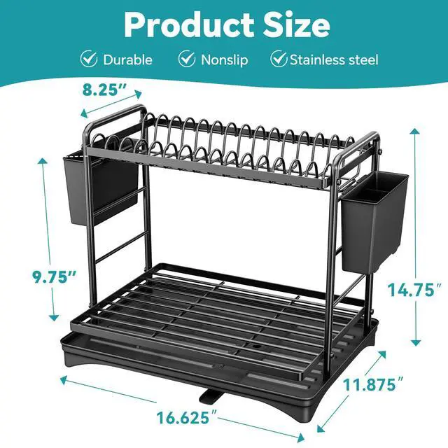 Alt view image 2 of 7 - Dish Rack, Dish Drying Rack 2 Tier, Stainless Steel Dish Drainers with Utensil Holder and Drainboard for Kitchen Sink Organizers, 12" w x 16.6" L, Black
