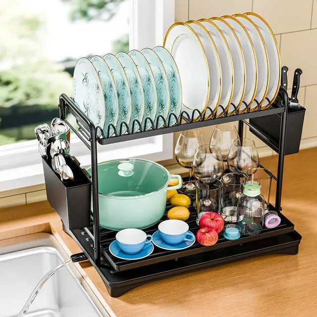 Main image of Dish Rack, Dish Drying Rack 2 Tier, Stainless Steel Dish Drainers with Utensil Holder and Drainboard for Kitchen Sink Organizers, 12" w x 16.6" L, Black