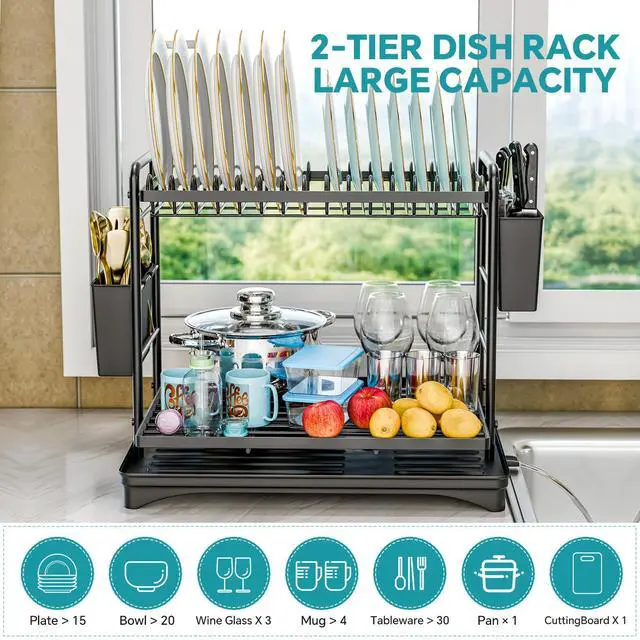 Alt view image 3 of 7 - Dish Rack, Dish Drying Rack 2 Tier, Stainless Steel Dish Drainers with Utensil Holder and Drainboard for Kitchen Sink Organizers, 12" w x 16.6" L, Black