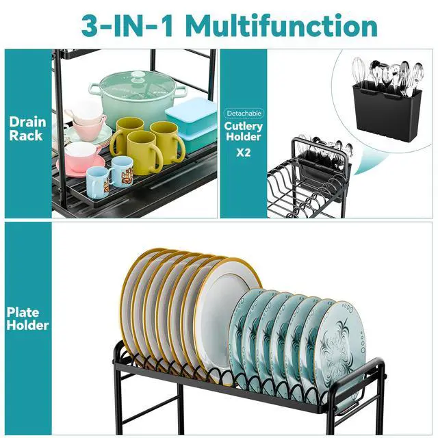Alt view image 4 of 7 - Dish Rack, Dish Drying Rack 2 Tier, Stainless Steel Dish Drainers with Utensil Holder and Drainboard for Kitchen Sink Organizers, 12" w x 16.6" L, Black