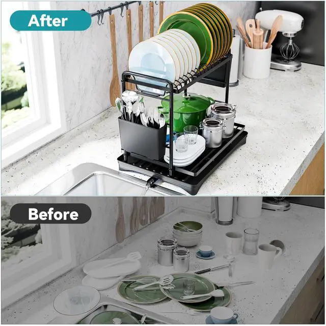 Alt view image 5 of 7 - Dish Rack, Dish Drying Rack 2 Tier, Stainless Steel Dish Drainers with Utensil Holder and Drainboard for Kitchen Sink Organizers, 12" w x 16.6" L, Black