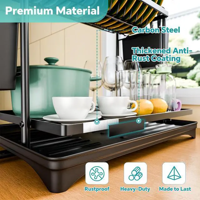 Alt view image 6 of 7 - Dish Rack, Dish Drying Rack 2 Tier, Stainless Steel Dish Drainers with Utensil Holder and Drainboard for Kitchen Sink Organizers, 12" w x 16.6" L, Black