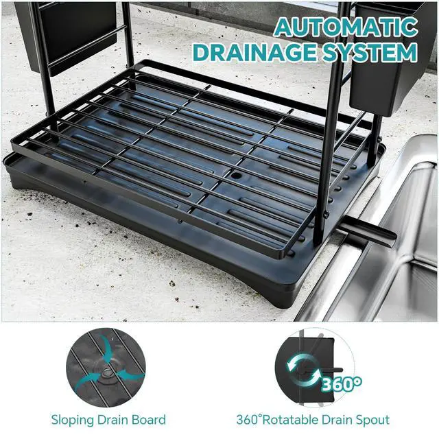 Alt view image 7 of 7 - Dish Rack, Dish Drying Rack 2 Tier, Stainless Steel Dish Drainers with Utensil Holder and Drainboard for Kitchen Sink Organizers, 12" w x 16.6" L, Black