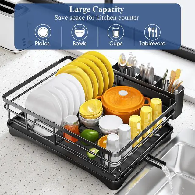 Alt view image 2 of 7 - Dish Drying Rack for Kitchen Counter - Large Dish Rack with Drainboard, Rustproof Dish Drainer with Utensil Holder for Sink, Black