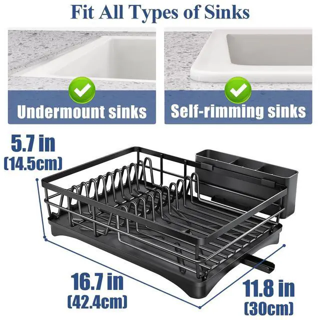 Alt view image 5 of 7 - Dish Drying Rack for Kitchen Counter - Large Dish Rack with Drainboard, Rustproof Dish Drainer with Utensil Holder for Sink, Black