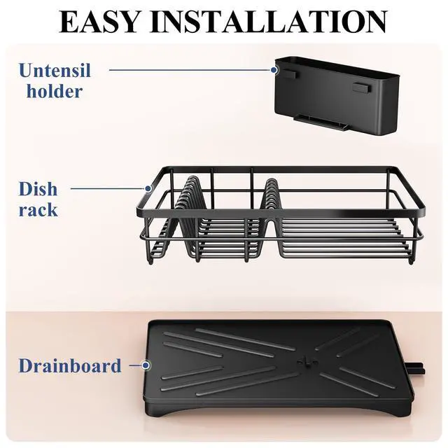 Alt view image 7 of 7 - Dish Drying Rack for Kitchen Counter - Large Dish Rack with Drainboard, Rustproof Dish Drainer with Utensil Holder for Sink, Black