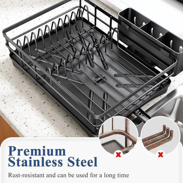 Alt view image 6 of 7 - Dish Drying Rack for Kitchen Counter - Large Dish Rack with Drainboard, Rustproof Dish Drainer with Utensil Holder for Sink, Black
