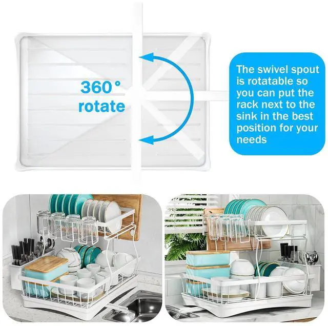 Alt view image 2 of 7 - Large Dish Drying Rack, 2-Tier Dish Racks for Kitchen Counter, Detachable Large Capacity Dish Drainer Organizer with Utensil Holder, Dish Drying Rack with Drain Board, White