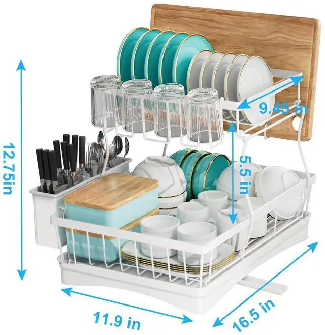 Alt view image 3 of 7 - Large Dish Drying Rack, 2-Tier Dish Racks for Kitchen Counter, Detachable Large Capacity Dish Drainer Organizer with Utensil Holder, Dish Drying Rack with Drain Board, White