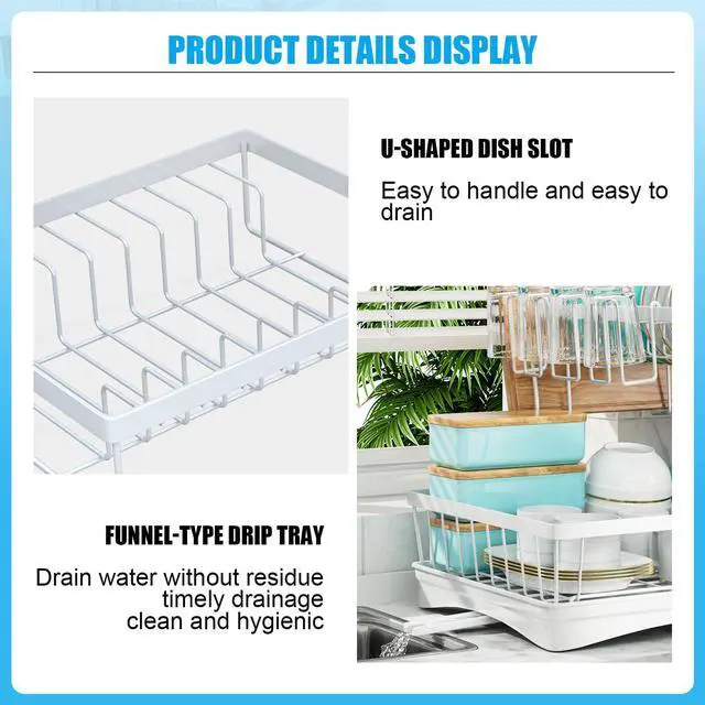 Alt view image 4 of 7 - Large Dish Drying Rack, 2-Tier Dish Racks for Kitchen Counter, Detachable Large Capacity Dish Drainer Organizer with Utensil Holder, Dish Drying Rack with Drain Board, White