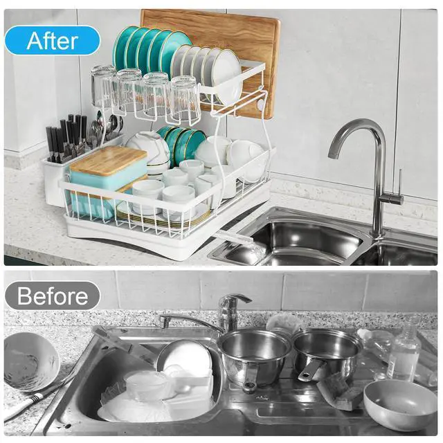 Alt view image 5 of 7 - Large Dish Drying Rack, 2-Tier Dish Racks for Kitchen Counter, Detachable Large Capacity Dish Drainer Organizer with Utensil Holder, Dish Drying Rack with Drain Board, White