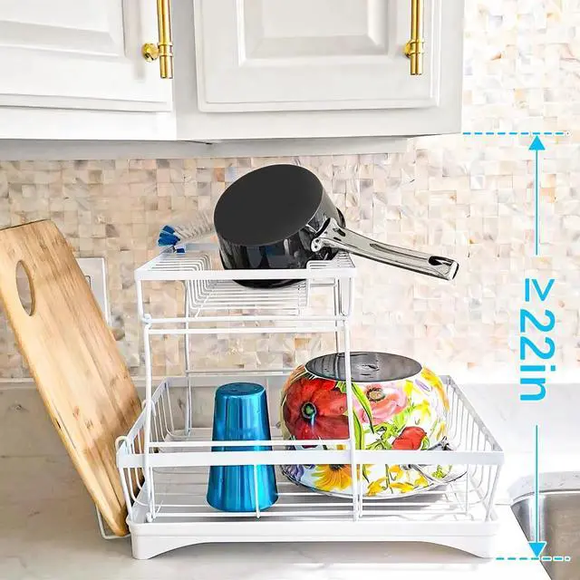 Alt view image 7 of 7 - Large Dish Drying Rack, 2-Tier Dish Racks for Kitchen Counter, Detachable Large Capacity Dish Drainer Organizer with Utensil Holder, Dish Drying Rack with Drain Board, White
