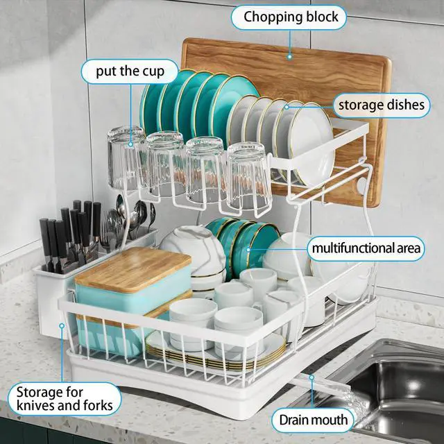 Alt view image 6 of 7 - Large Dish Drying Rack, 2-Tier Dish Racks for Kitchen Counter, Detachable Large Capacity Dish Drainer Organizer with Utensil Holder, Dish Drying Rack with Drain Board, White