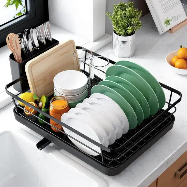 Main image of Dish Drying Rack for Kitchen Counter, Stainless Steel Sink Organization and Storage Essentials with Cutlery Holder, Home and Appartment Decor, 12''W x 15.5''L, Black
