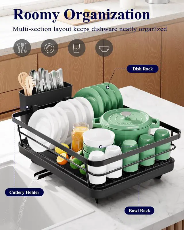 Alt view image 2 of 7 - Dish Drying Rack for Kitchen Counter, Stainless Steel Sink Organization and Storage Essentials with Cutlery Holder, Home and Appartment Decor, 12''W x 15.5''L, Black