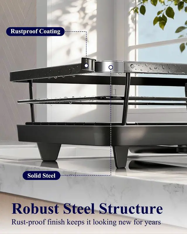 Alt view image 6 of 7 - Dish Drying Rack for Kitchen Counter, Stainless Steel Sink Organization and Storage Essentials with Cutlery Holder, Home and Appartment Decor, 12''W x 15.5''L, Black